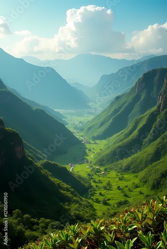 Vibrant landscape of Colombia, lush green coffee plantations in the mountains