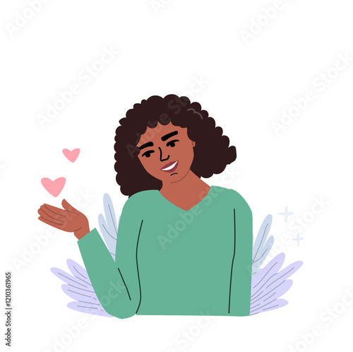 Embracing self love and positivity illustration of a woman with heart symbols.