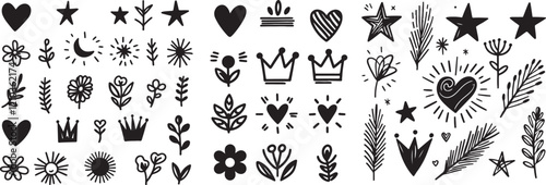 isolated  Set hand drawn scribbles element collection of star, heart, crown, flower icon,    icon Vector ,    Silhouette,color    symbol,    icon set, black sunrise  icon,    for logo,    Vector illus