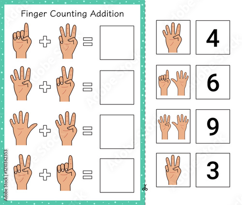 Finger counting addition worksheet for kids. Math activity page 1 to 10 for school and preschool. Learn to count cut and paste game. Vector illustration