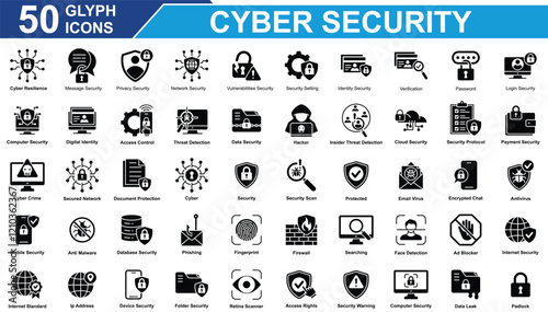 Cyber Security Icon Set Collection. Containing password, hacker, Cloud Security, cyber, Security, threat detection, Antivirus, Padlock, database security. Simple Glyph Vector Illustration.