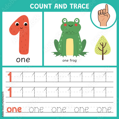Number 1 tracing worksheets for kids. Learning numbers activity page for pre-school. Count and trace template with cute characters. Vector illustration