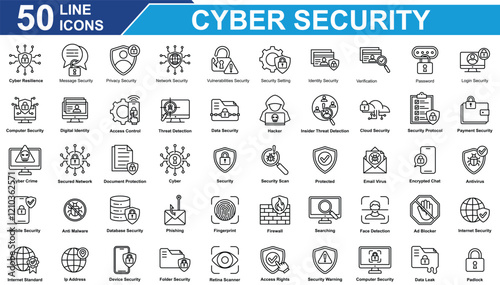 Cyber Security Icon Set Collection. Containing password, hacker, Cloud Security, cyber, Security, threat detection, Antivirus, Padlock, database security. Simple Line Vector Illustration.