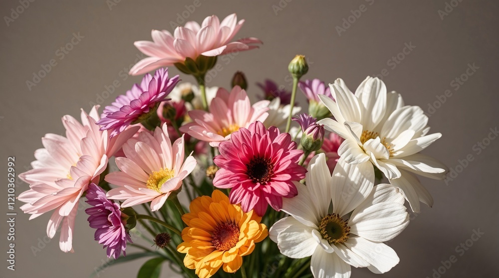 Fototapeta premium Vibrant mixed bouquet of flowers in a glass vase against a soft background