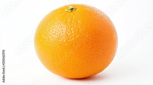 A fresh juicy orange with a bright orange peel and slight dimples, Its round shape and vibrant color captured in high detail, Set against an isolated white background to accentuate its natural appeal 