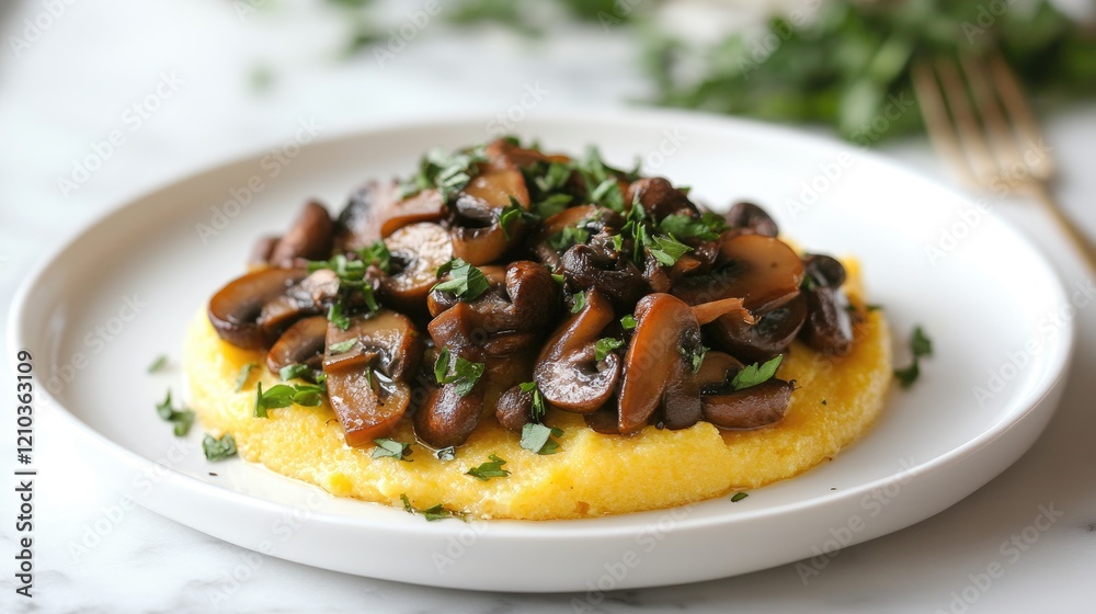 Polenta served with a topping of sauted mushrooms on a clean white plate Polenta served with a topping of sauted mushrooms on a clean white plate