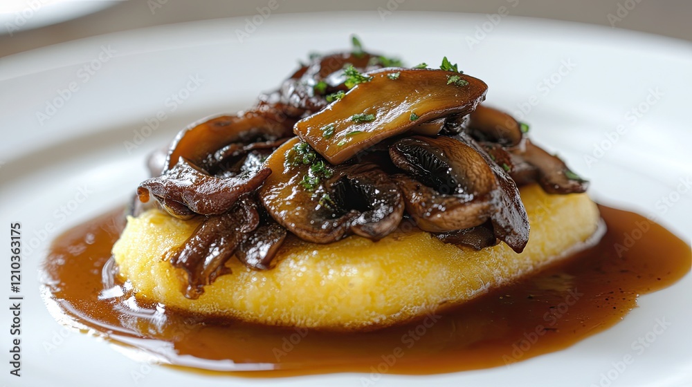 Polenta served with a topping of sauted mushrooms on a clean white plate Polenta served with a topping of sauted mushrooms on a clean white plate