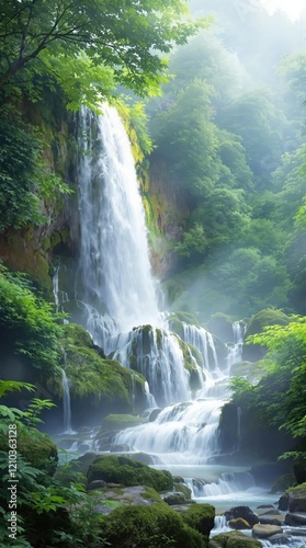 Captivating watercolor artwork of a cascading waterfall amidst a lush forest, landscape, forest, nature