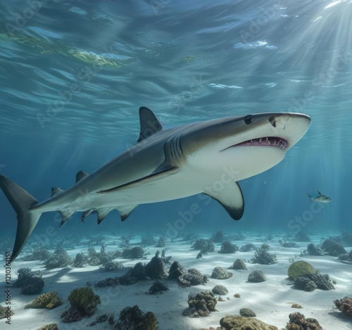 Wallpaper Mural Caribbean Reef Shark gliding through the ocean with its mouth partially open, coral, Caribbean Sea, fish Torontodigital.ca