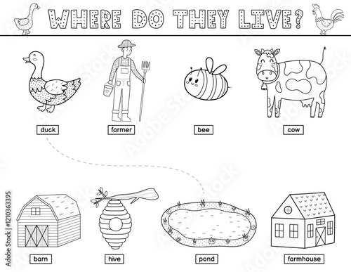 Where do they live black and white matching game for kids with cute farm characters and their home. Farm activity page for school and preschool in outline. Vector illustration