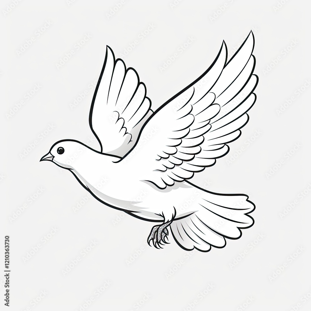White Peace Dove. Coloring Page Illustration of Flying Bird with Leaf in Beak Symbolising Peace and Freedom