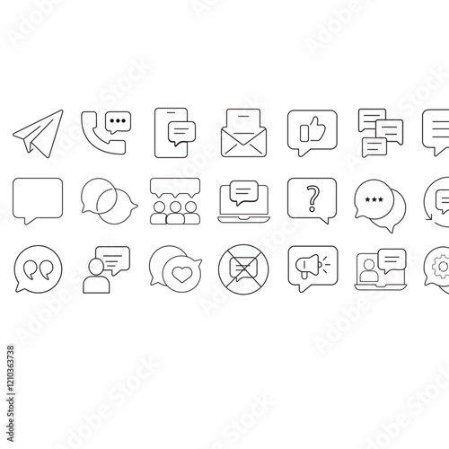 "Minimalist Line Icon Set: Communication and Messaging Symbols Including Chat Bubbles, Envelopes, Megaphone, Laptop, and More - Transparent Background"