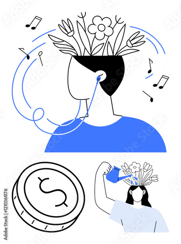 Person listening to music with flowers growing from head, nurturing growth with watering can, coin below. Ideal for creativity, personal growth, mindfulness, financial well-being, self-care