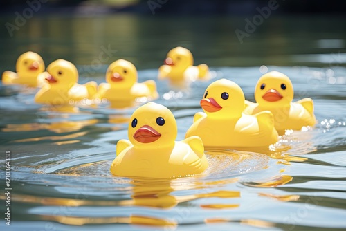 Yellow Rubber Duck Race. Exciting Competition of Floating Ducklings on Lake Water with a Toy Rubber Duck Champion photo