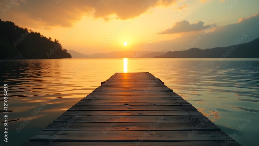 Naklejka premium A surreal lake scene at dawn with a wooden dock stretching into a misty horizon. 