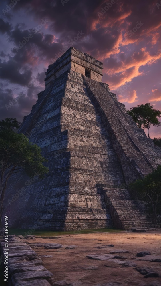 Chichen Itza pyramid at dusk with a dark and ominous sky, evening, sunset, dramatic clouds Chichen Itza pyramid at dusk with a dark and ominous sky, evening, sunset, dramatic clouds