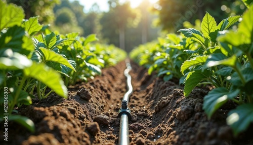 Drip irrigation system in a lush vegetable garden during golden hour
