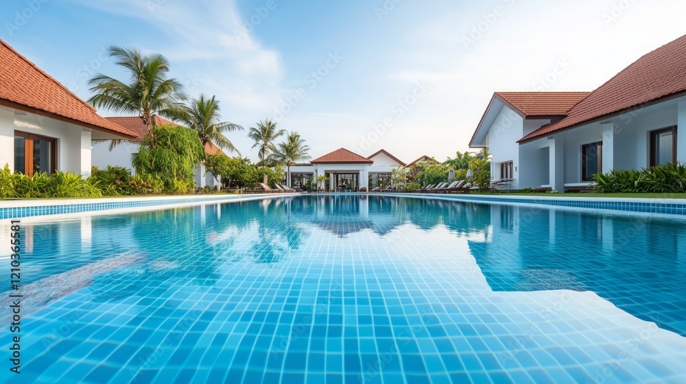Fototapeta premium Luxurious resort swimming pool surrounded by palm trees and elegantly designed villas during a sunny day