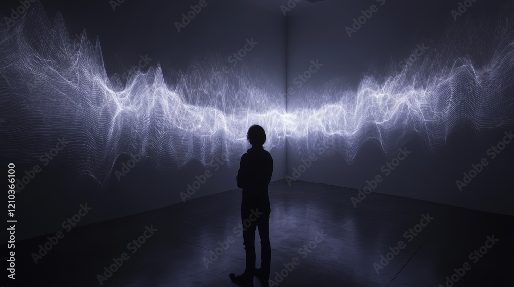 Fototapeta premium Explore Abstract Digital Waves and Human Silhouette in Interactive Art, blending motion and tech