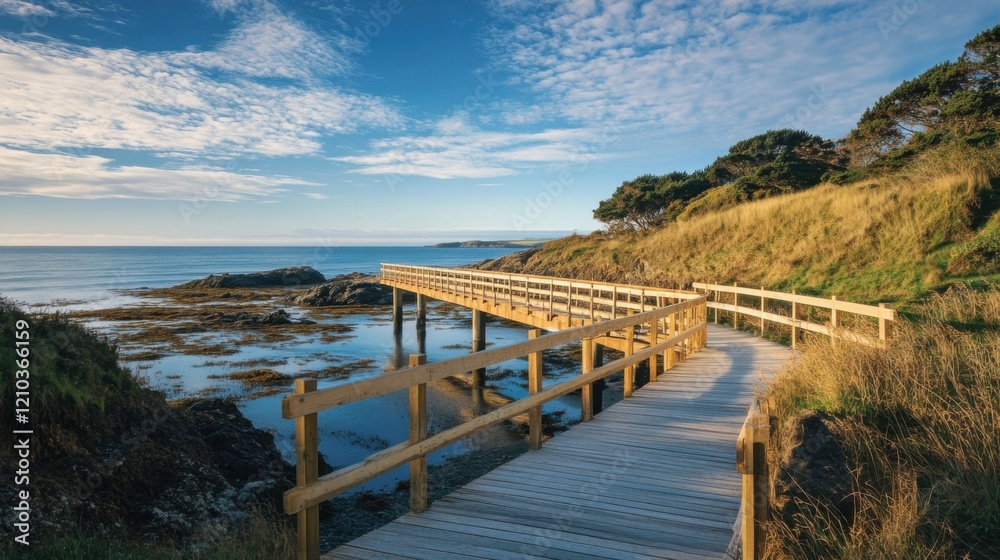 a wooden walkway leading to a beach with a body of water a wooden walkway leading to a beach with a body of water
