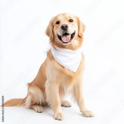 Bandanas mockup concept. A cheerful golden retriever wearing a white bandana, sitting against a clean white background, radiating joy and friendliness.