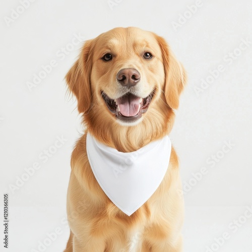 Bandanas mockup concept. A happy golden retriever wearing a white bandana poses against a simple background, showcasing its friendly personality.