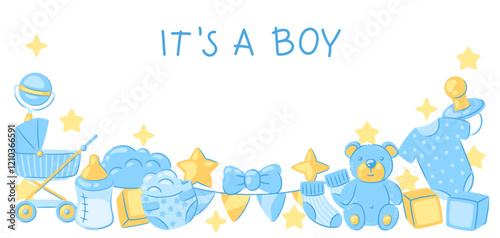 Baby shower greeting card. New born baby boy Happy Birthday.