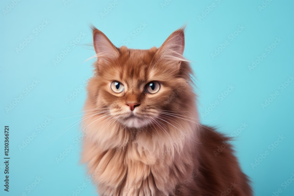 Portrait of a funny somali cat in front of solid pastel color wall Portrait of a funny somali cat in front of solid pastel color wall