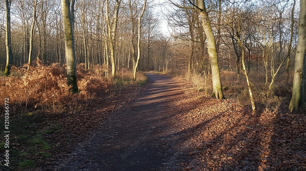 Fototapeta premium Sunlight filters through bare trees onto a path in the middle of a forest landscape