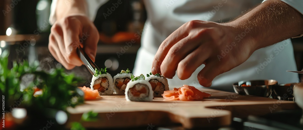 A chef skillfully prepares sushi rolls on a wooden cutting board, showcasing fresh ingredients and an artful culinary technique. A chef skillfully prepares sushi rolls on a wooden cutting board, showcasing fresh ingredients and an artful culinary technique.