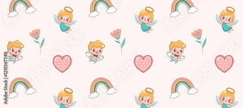 Seamless children's pattern with angels and a heart in delicate colors. Ornament for fabric, products for children, packaging. Sample in swatches.