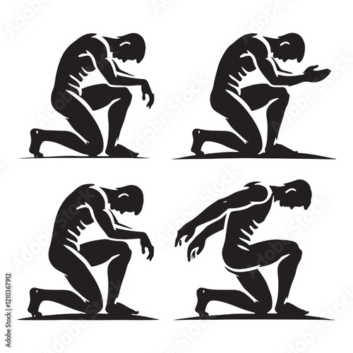 Elegant set of kneeing man silhouette digital art perfect for sophisticated visual designs - man kneeing vector set - man kneeing illustrations set
