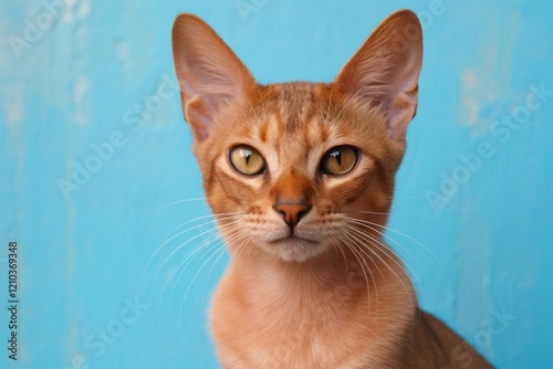 Portrait of a cute havana brown cat isolated in solid pastel color wall