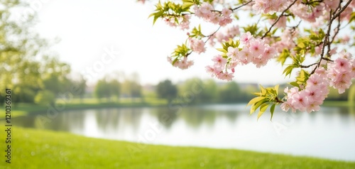 Fototapeta Naklejka Na Ścianę i Meble -  Cherry blossoms bloom by peaceful lake during soft spring morning light