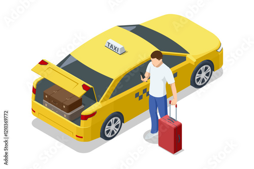 A yellow taxi with an open trunk loaded with suitcases and a man using a smartphone beside the car. Perfect for showcasing travel and transportation services. Taxi transport, service. Taxi car.