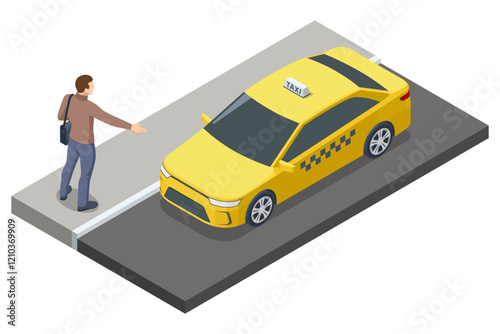 A man hails a yellow taxi on the street in an isometric vector style, representing urban mobility and ride-hailing services. Taxi transport, service. Taxi car.