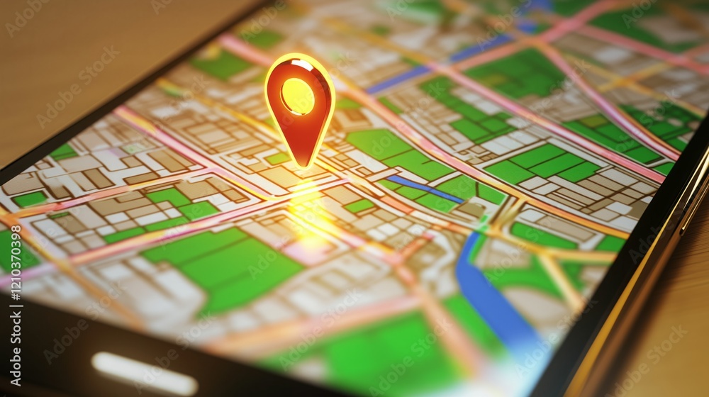 Obraz premium Close-up view of a smartphone map with a location pin highlighting a specific area during daylight hours