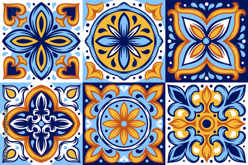 Portuguese ceramic tile pattern. Mediterranean traditional ornament. Italian or spanish majolica.
