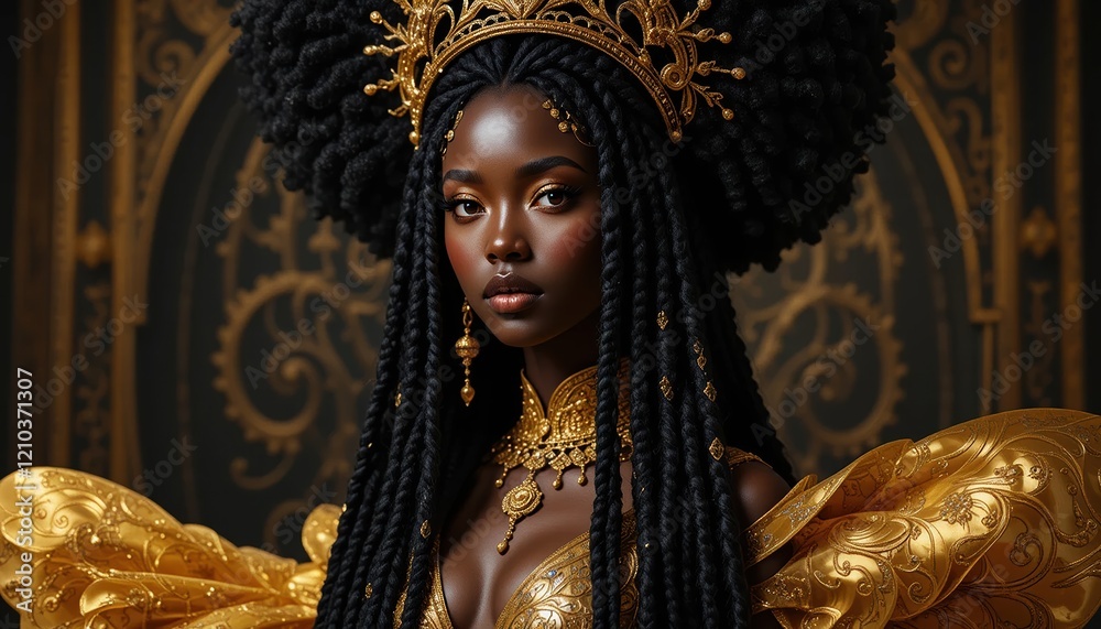 Obraz premium Photo of an African American woman wearing a trendy gold suit