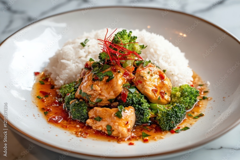 A stir-fry of Thai garlic chicken with broccoli and chili, served with jasmine rice on a clean white plate A stir-fry of Thai garlic chicken with broccoli and chili, served with jasmine rice on a clean white plate