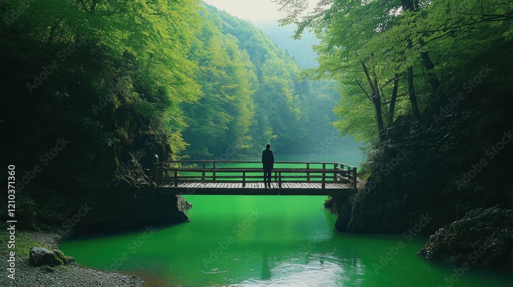 Fototapeta premium Person on a wooden bridge over a vibrant green river surrounded by lush forests
