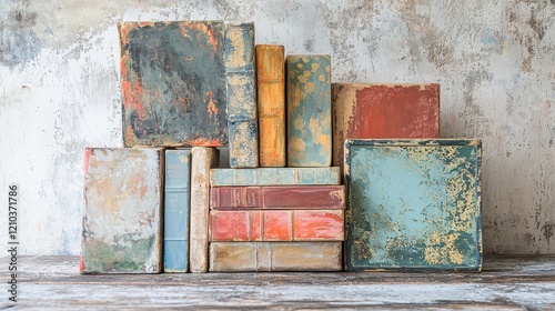 Vintage Stacked Books in Various Colors with Distressed Covers on Weathered Wooden Table Against Rustic Wall for Decor and Inspiration