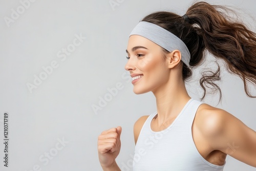 Sport headband mockup concept. A smiling woman in activewear runs energetically, showcasing fitness and determination against a neutral background.