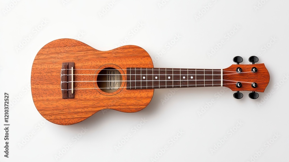 Obraz premium A Classic Ukulele on a Pristine White Background: Overhead View of a Simple, Clean Musical Instrument