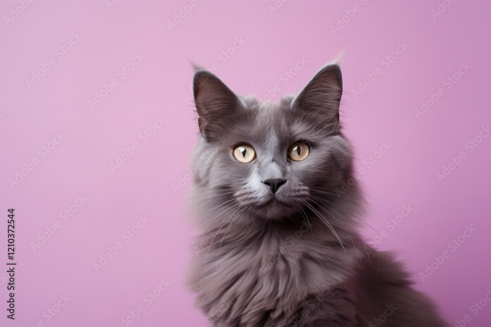 Portrait of a funny nebelung cat over solid pastel color wall Portrait of a funny nebelung cat over solid pastel color wall