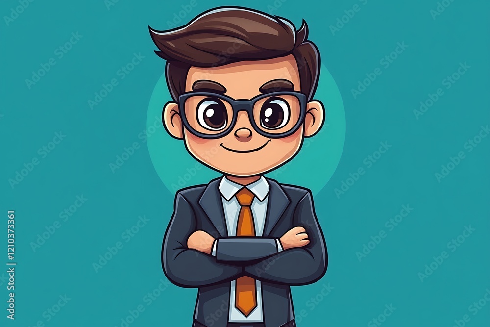 Happy Chibi Businessman, Confident Posture, Arms Crossed Happy Chibi Businessman, Confident Posture, Arms Crossed