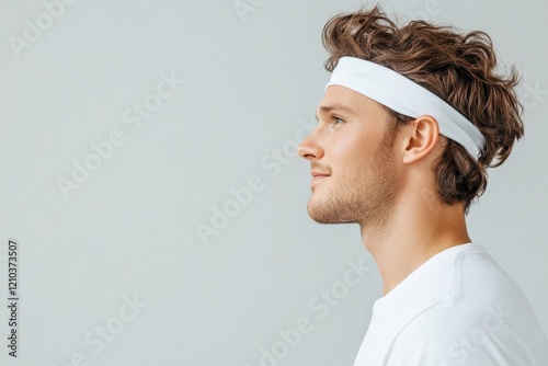 Sport headband mockup concept. Profile view of a young man with curly hair, wearing a headband and a white shirt, looking thoughtfully to the side against a neutral background.