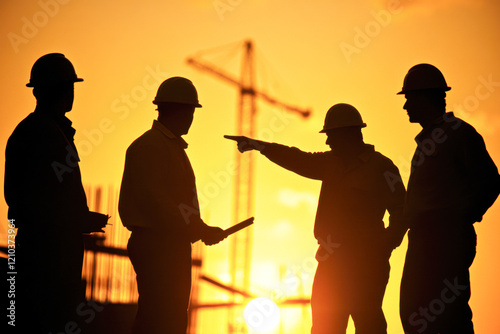 Construction workers collaborate at sunset building site silhouette urban photo