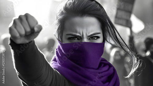 black and white photo with an empowered young woman with a purple scarf covering her face, with her fist raised against the background of a city with women protesting, highlighting diversity and femin photo