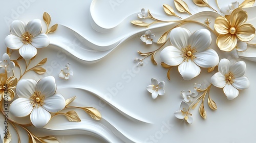 Fototapeta Naklejka Na Ścianę i Meble -  3D wallpaper with a white and gold floral background
